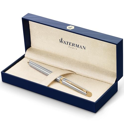 Waterman Hémisphère Füller | Edelstahl mit Zierteile aus 23 K Gold | Füllfederhalter mit mittlerer Feder und blauer Tinte | Geschenkbox von Waterman