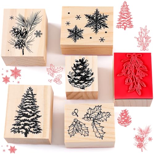 Watersay 6-teiliges Weihnachts-Gummistempel-Set "Merry Christmas", Holzstempel, Schneebaum-Stempel, Vintage-Holzgummi-Kunststempel zum Basteln und Basteln, Scrapbooking, Kartenherstellung, Handbuch von Watersay