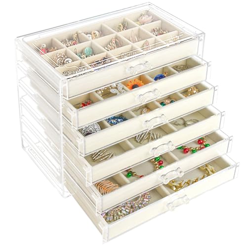 Watpot Acryl-Schmuckschatulle mit 6 Schubladen, transparente Ohrring-Aufbewahrungsbox, Vitrine für Damen und Mädchen, Beige Watpot Acryl-Schmuckschatulle mit 6 Schubladen, transparente Ohrring-Aufbewahrungsbox, Vitrine für Damen und Mädchen, Beige von Watpot