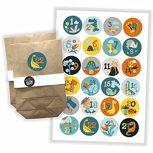 Adventskalender Dinosaurier Aufkleber Papiertüten-Set zum selbst befüllen - 24 Sticker/inkl. Tüten von Watt n KRAM