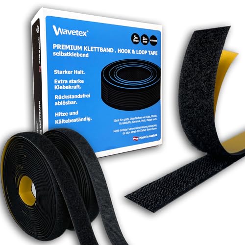 WAVETEX Premium Klettband selbstklebend mit Acryl-Kleber, schwarz, Rolle zu 5m Länge, 20 mm breit, im Set bestehend aus 5m Hakenband und 5m Flauschband Temperaturbeständig von -40 °C bis +100 °C von Wavetex