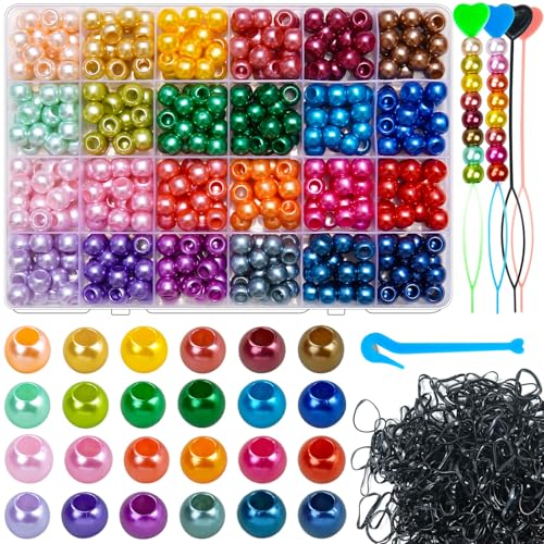 Pony-Perlen für Haarzöpfe, 24 Farben, 10 mm, helle bunte Acryl-Pony-Perlen, großes Loch mit elastischem Gummiband, Einfädler-Set für Armbänder, Halsketten, Ohrringe, Schmuckherstellung, 1480 Stück (24 von Wavlakth
