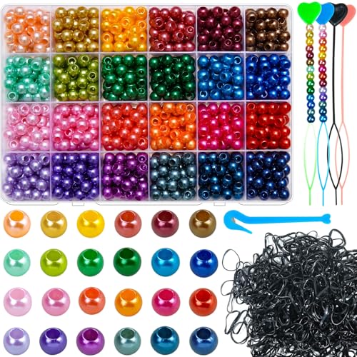 Pony-Perlen für Haarzöpfe, 24 Farben, Acryl, großes Loch, Haarperlen mit elastischem Gummiband, Einfädler-Set für Haar-Armbänder, Schmuckherstellung (24 Farben, 8 mm) von Wavlakth