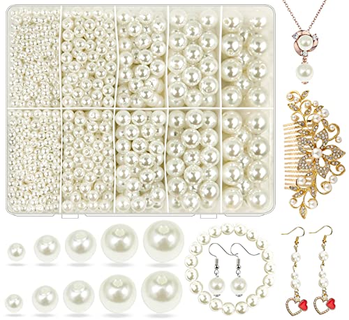 Wavlakth Weiße Perlen für Schmuckherstellung, 1750 Stück weiße Perlen zum Basteln mit Loch, 4 mm, 6 mm, 8 mm, 10 mm, 12 mm, lose Abstandshalter für Halsketten, Armbänder, Hochzeitskleid, Dekor (weiß) von Wavlakth