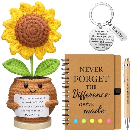 Wavwavw 4 Pcs Thank You Gifts Handmade Crochet Ornament Inspirational Notebooks with Sticky Notepad Pen and Employee Appreciation Keychain for Coworker Friend Teacher Women(Sunflower) von Wavwavw