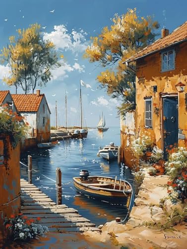 Malen Nach Zahlen Erwachsene mit Rahmen Meer Malen Nach Zahlen Boot Paint by Numbers Kreativ Set mit Pinseln und Acrylfarben Farbe Handgemalt Ölgemälde Leinwand Kit, Deko Wohnzimmer 50x65cm -a29P von Waxonle
