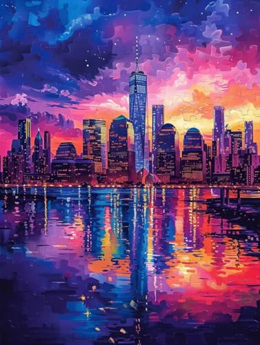 Malen Nach Zahlen Erwachsene mit Rahmen Stadt Malen Nach Zahlen Nachtansicht Paint by Numbers Kreativ Set mit Pinseln und Acrylfarben Farbe Handgemalt Ölgemälde Leinwand, Deko Wohnzimmer 50x65cm -j79B von Waxonle