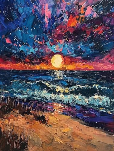 Malen Nach Zahlen Erwachsene ohne Rahmen Mond Malen Nach Zahlen Meer Paint by Numbers Kreativ Set mit Pinseln und Acrylfarben Farbe Handgemalt Ölgemälde Leinwand Kit, Deko Wohnzimmer 60x80cm -h32C von Waxonle