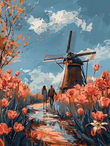 Malen Nach Zahlen Erwachsene ohne Rahmen Windmühle Malen Nach Zahlen Blume Paint by Numbers Kreativ Set mit Pinseln und Acrylfarben Farbe Handgemalt Ölgemälde Leinwand, Deko Wohnzimmer 30x40cm -i571 von Waxonle