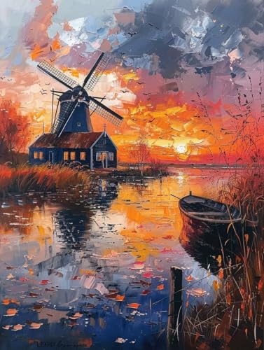 Malen Nach Zahlen Windmühle Malen Nach Zahlen Erwachsene Sonnenuntergang Paint by Numbers Mit 3 - Pinseln und Acrylfarbe Farbe Leinwand Kreativ Set für Erwachsene Home Deko Geschenke 60x80cm -h595 von Waxonle