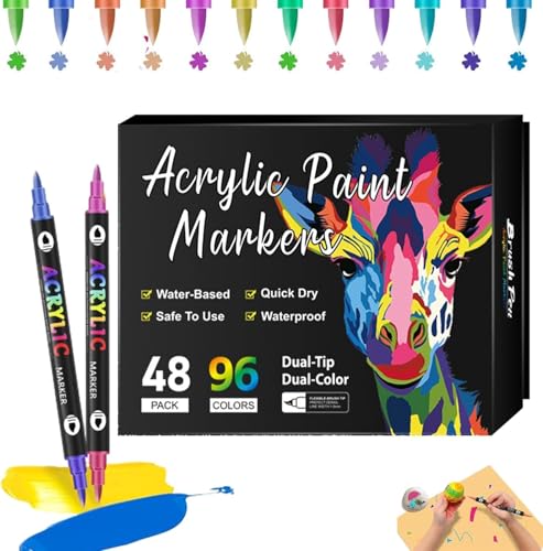 Waycin Beyonddraw Acryl-Marker mit Doppelspitze, 24/48/72/96/120/168 Farben, Beyond Draw Paint Pen Marker für Steinmalerei, Keramik, Holz, Leinwand, Kunststoff, DIY Handwerk (48 Stück, 96 Farben) von Waycin