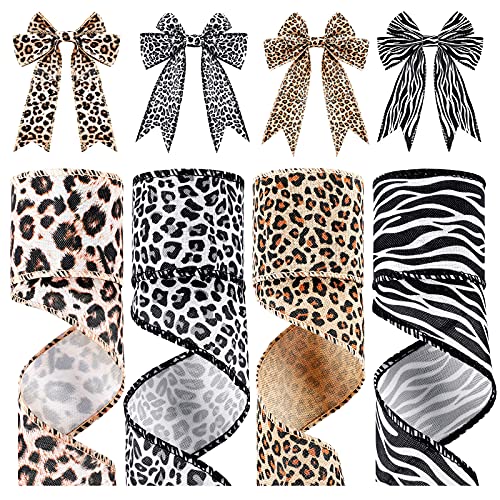 Waydress 4 Rollen 20 Meter Leopardenmuster Band Tier Zebra Gepard Druck Drahtrand Ornamente dekoratives Geschenkband für Zuhause DIY Handwerk Dekor 5,1 cm von Waydress