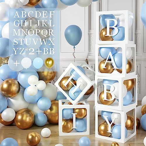 105 Babyparty Box Deko für Jungen,Blaue Baby Shower Deko Box,6 Luftballon Box mit 54 Buchstaben(BABY+A-Z) und Luftballons Blau Gold Weiss für Babyparty,Babyshower Deko,Geburtstags,Baby Party,DIY Name von Wayfun