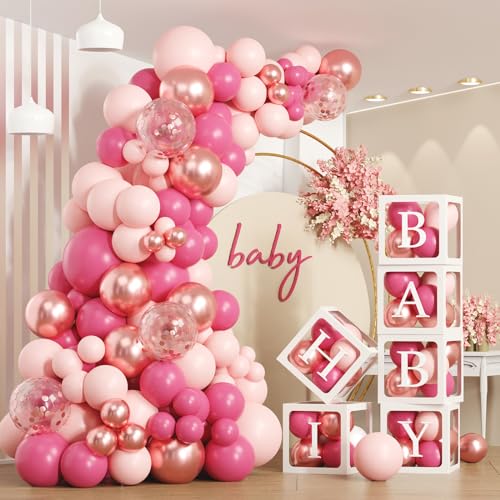 172 Stück Rosa Babyparty Box Deko,6 Transparente Ballon Box mit 110 Stück Luftballon Girlande Rosa,Baby Shower Luftballon Box mit 54 Buchstaben,Baby Ballon Boxen für Babyparty,Geburtstag Deko,Hochzeit von Wayfun