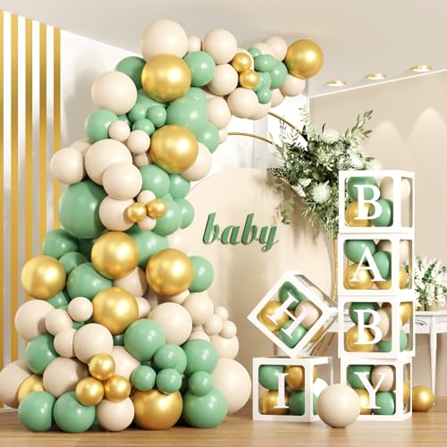 Green 172 Stück Grün Babyparty Box Deko, 6 Transparente Ballon Box mit 110 Stück Luftballon Girlande Grün Gold, Baby Shower Luftballon Box mit 54 Buchstaben, Baby Ballon Boxen für Babyparty,Geburtstag von Wayfun