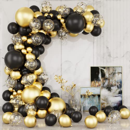 Gold Schwarz Luftballons Girlande Kit, 121Stück Luftballons Schwarz Gold mit Gold Konfetti Luftballons für Geburtstag Party Deko Babyparty Hochzeit Engagement Baby Shower Party Graduation Deko Neujahr von Wayfun