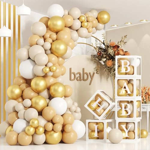 White 172stück Weiß Gold Babyparty Box Deko,6 Transparente Ballon Box mit 110 Luftballon Girlande Weiß Gold,Baby Shower Luftballon Box mit 54 Buchstaben,Baby Ballon Boxen für Babyparty,Geburtstag Deko von Wayfun