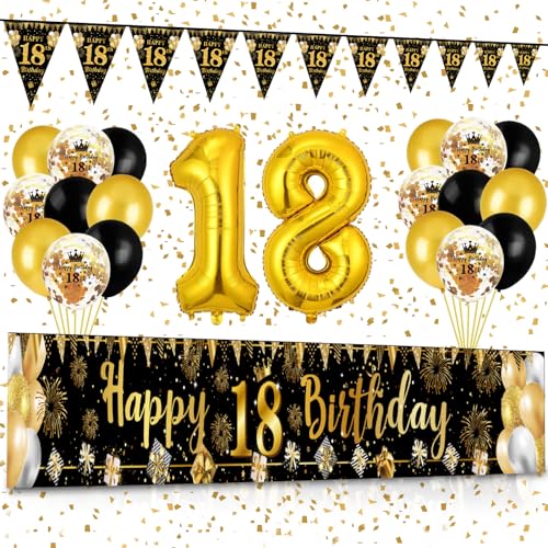 18 Geburtstag Deko, Waylipun Schwarz Gold 18 Happy Birthday Banner, Luftballons 18 Geburtstag Wimpel Girlande, Deko 18. Geburtstag Hintergrund Ballons für Jungen Mädchen Party Deko von Waylipun