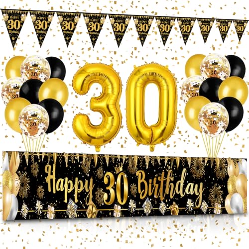 30 Geburtstag Deko, Waylipun Schwarz Gold 30 Happy Birthday Banner, Luftballons 30 Geburtstag Wimpel Girlande, Deko 30. Geburtstag Hintergrund Ballons für Männer Frauen Party Deko von Waylipun