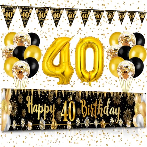 40 Geburtstag Deko, Waylipun Schwarz Gold 40 Happy Birthday Banner , Luftballons 40 Geburtstag Wimpel Girlande, Deko 40. Geburtstag Hintergrund Ballons für Männer Frauen Party Deko von Waylipun