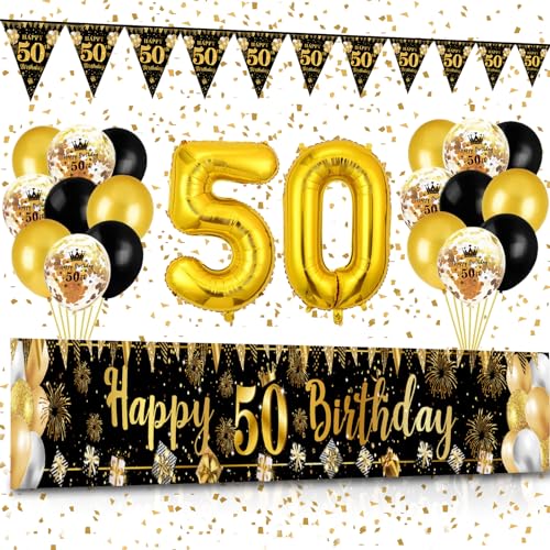 50 Geburtstag Deko, Waylipun Schwarz Gold 50 Happy Birthday Banner , Luftballons 50 Geburtstag Wimpel Girlande, Deko 50. Geburtstag Hintergrund Ballons für Männer Frauen Party Deko von Waylipun