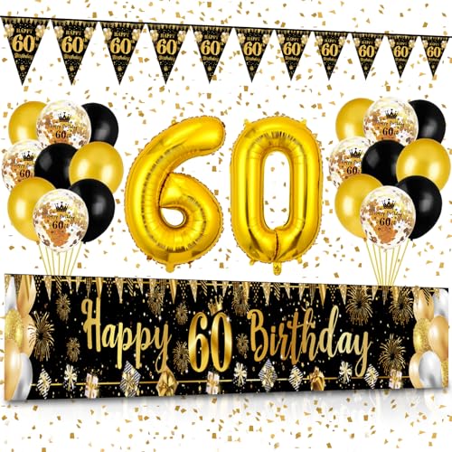 60 Geburtstag Deko Mann Frau, Waylipun Schwarz Gold 60 Happy Birthday Banner, Luftballons 60 Geburtstag Wimpel Girlande, Deko 60. Geburtstag Hintergrund Ballons für Männer Frauen Party Deko von Waylipun