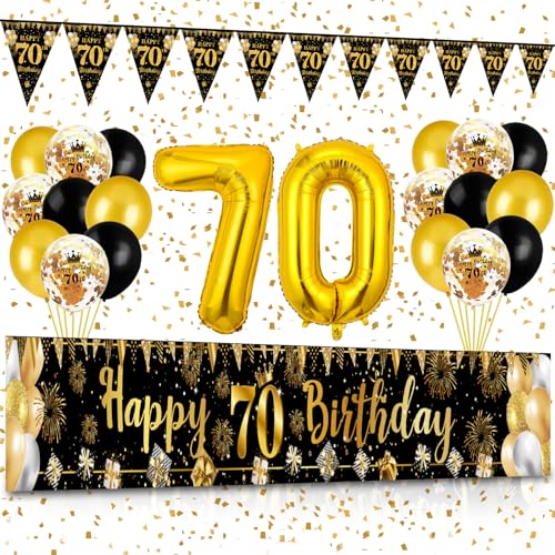 70 Geburtstag Deko, Waylipun Schwarz Gold 70 Happy Birthday Banner , Luftballons 70 Geburtstag Wimpel Girlande, Deko 70. Geburtstag Hintergrund Ballons für Männer Frauen Party Deko von Waylipun