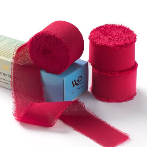 Dunkelrot Chiffonand, Waylipun 3 Rolle Geschenkband Seidenband, 3cm x 6.4m Geschenkband Dekoband Schleifenband Ribbon für DIY Geschenkverpackungen Basteln Hochzeit Brautstrauß von Waylipun