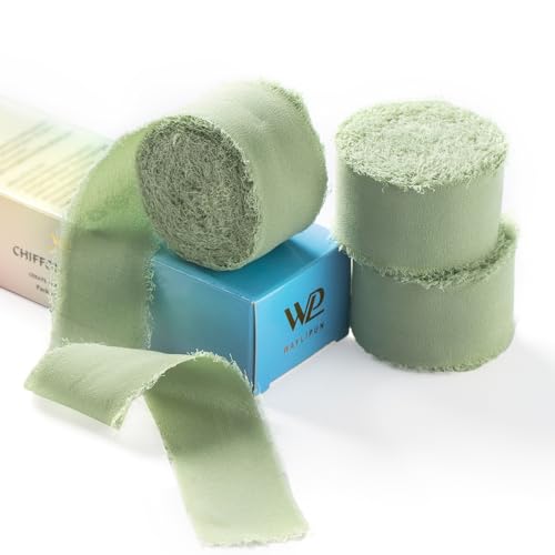 Salbeigrün Chiffonand, Waylipun 3 Rolle Geschenkband Seidenband, 3cm x 6.4m Geschenkband Dekoband Schleifenband Ribbon für DIY Geschenkverpackungen Basteln Hochzeit Brautstrauß von Waylipun