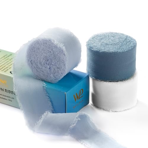 Waylipun 3 Rolle Chiffonand Seidenband, 3cm x 6.4m Geschenkband Dekoband Schleifenband Ribbon für DIY Geschenkverpackungen Basteln Hochzeit Brautstrauß (Blau & Cremeweiß) von Waylipun