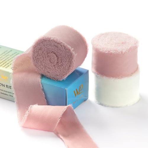 Waylipun 3 Rolle Chiffonand Seidenband, 3cm x 6.4m Geschenkband Dekoband Schleifenband Ribbon für DIY Geschenkverpackungen Basteln Hochzeit Brautstrauß (Rosa & Cremeweiß) von Waylipun