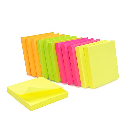 WAYTEX 1.200 selbstklebende Notizbücher, wiederverwendbar, verschiedene Neonfarben, 12 Blöcke à 100 Blatt, 75 x 75 mm, Gelb Orange/Rosa/Grün von Waytex