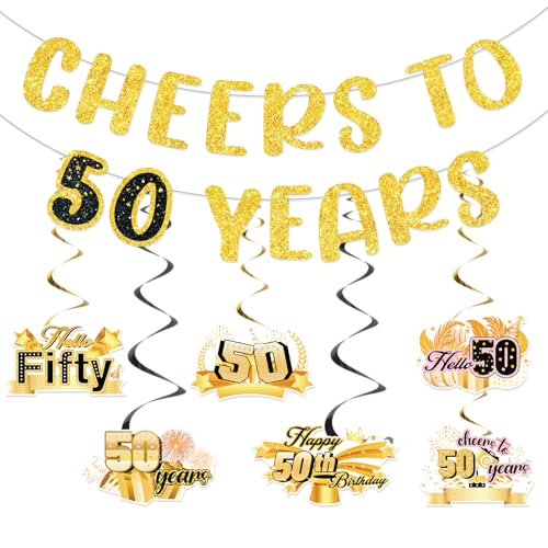 50. Hochzeitstag Dekorationen Happy 50th Birthday Banner Cheers to 50 Years Gold Glitter Banner mit hängenden Wirbeln 50 Jahre alt Geburtstag Dekor Vintage 1975 Dekorationen Kit Party Supplies von Wayyogh