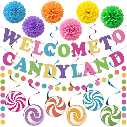 Welcome to Candyland Party-Dekorationen, Banner, hängende Wirbel, bunte Süßigkeiten-Themen-Geburtstagsdekoration für Süßigkeiten-Themengeschäft, Babyparty, Klassenzimmer, Zuhause, Kinder von Wayyogh