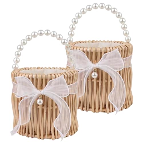 Blumenmädchenkorb Set aus 2 Rattan Blumenkorb mit Perlengriff und Bugdekorationsmädchenkörbe für Hochzeiten Zeremonie, Style2 Blumenmädchenkorb Set aus 2 Rattan Blumenkorb mit Perlengriff und Bugdekorationsmädchenkörbe für Hochzeiten Zeremonie, Style2 von Wbaioluy