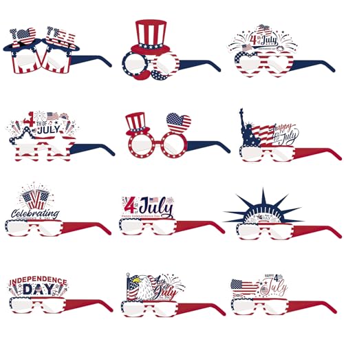 WchoeSS Partybrillen zum 4. Juli, Zubehör für Unabhängigkeitstag, amerikanische patriotische Brille, Foto-Requisiten, Brille für Kinder und Erwachsene, patriotisches Partyzubehör, 12 Stück von WchoeSS