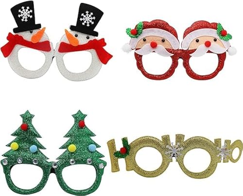 WchoeSS Weihnachtsbrillen – Glitzer-Party-Brille, Weihnachtsbrille, Kostümdekoration, Weihnachtsbrillenrahmen für Kinder und Erwachsene, Weihnachtsfeier, Bekleidungszubehör, 4 Stück von WchoeSS