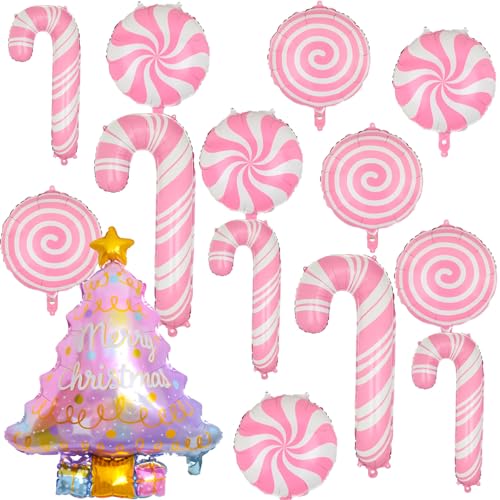 14-teiliges Weihnachts-Party-Ballon-Set, rosa Weihnachtsbaum, Zuckerstangen-Folienballons für rosa Zuckerstange, Weihnachtsdekoration, Neujahrsparty-Dekoration von Wclliuchi