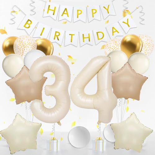 Happy 34th Birthday Dekorationen für Frauen, Beige 34 Ballon Zahl 40 Zoll, Weiß Happy Birthday Banner, 34 Geburtstag Luftballons für Weiß Gold Geburtstagsdekorationen Happy 34th Birthday Dekorationen für Frauen, Beige 34 Ballon Zahl 40 Zoll, Weiß Happy Birthday Banner, 34 Geburtstag Luftballons für Weiß Gold Geburtstagsdekorationen von Wclliuchi