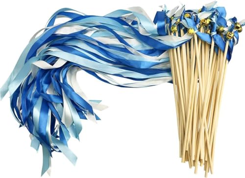 30 Stück Blau Stäbe mit Hochzeitsbändern und Wedding Wands mit Glöckchen,Seidenfeenstab,Luftschlangen Hochzeit,zauberstäbe Hochzeit,für Partys, Urlaub, Feiern von We Moment Zone