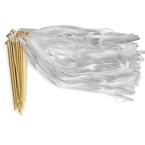 30 Stück Weiß Stäbe mit Hochzeitsbändern und Wedding Wands mit Glöckchen,Seidenfeenstab,Luftschlangen Hochzeit,zauberstäbe Hochzeit,für Partys, Babypartys, Urlaub, Feiern von We Moment Zone