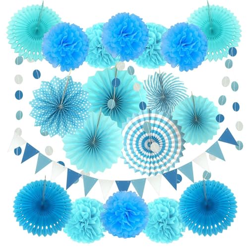 Blau Party Dekoration Papier - Pompoms, Aufhängen Fächer, Dreieckige Wimpel und hängende Glitter Punkt Papier Girlande für Party Hochzeit Geburtstag Graduierung Deko Weihnachten Karneval 20 Stück von We Moment Zone