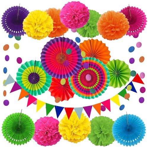 Bunt Party Dekoration Papier - Pompoms, Aufhängen Fächer, Dreieckige Wimpel und hängende Glitter Punkt Papier Girlande für Party Hochzeit Geburtstag Graduierung Deko Weihnachten Karneval 20 Stück von We Moment Zone