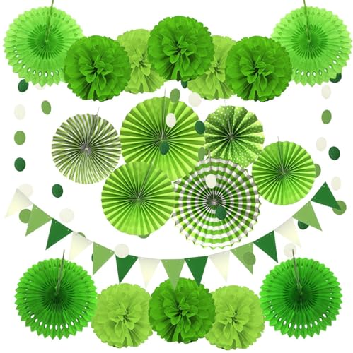 Grün Party Dekoration Papier - Pompoms, Aufhängen Fächer, Dreieckige Wimpel und hängende Glitter Punkt Papier Girlande für Party Hochzeit Geburtstag Graduierung Deko Weihnachten Karneval 20 Stück von We Moment Zone