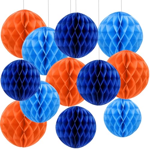 We Moment Zone 12 Stück Blau und Orange Papier Wabenbälle,Hängende Seidenpapier Honeycomb Balls for Blau Orange Party Dekoration(6inch，10inch) von We Moment Zone