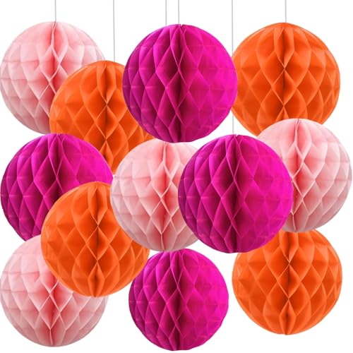We Moment Zone 12 Stück Orange und Rosa Papier Wabenbälle,Hängende Seidenpapier Honeycomb Balls for Orange Rosa Party Dekoration(6inch，10inch) von We Moment Zone