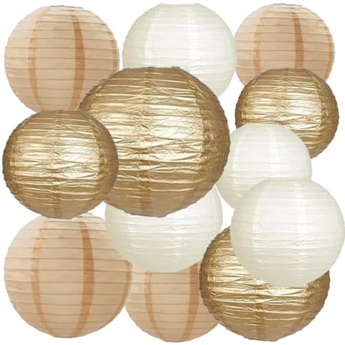 We Moment Zone 12 Stück Papier Lampions Gold Cream und Khaki Runde Papierlaterne Papier Laterne für Lampenschirm Gold Deko, Geburtstagsfeier,Hochzeitsdekorationen，Gartenparty Deko von We Moment Zone