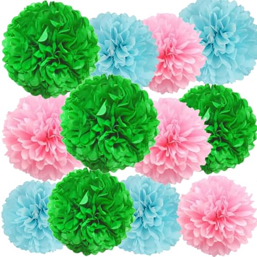 We Moment Zone 12 Stück Papier Pompons Set,Rosa Blau Grün Pom Poms Papier für Jungen und Mädchen Geburtstag Party Deko von We Moment Zone