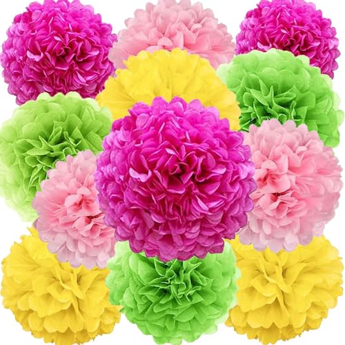 We Moment Zone 12 Stück Papier Pompons Set,Rosa Grün Gelb gelb Pom Poms Papier für Hawaii Tropical Geburtstag Party Deko von We Moment Zone