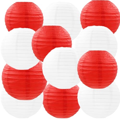 We Moment Zone 12 Stück Rot weiß Papierlaterne Lampion rund Lampenschirm，Rot und Weiß Runde Papierlaterne Papier Laterne für Lampenschirm Deko, Geburtstagsfeier,Hochzeitsdekorationen，Gartenparty Deko von We Moment Zone